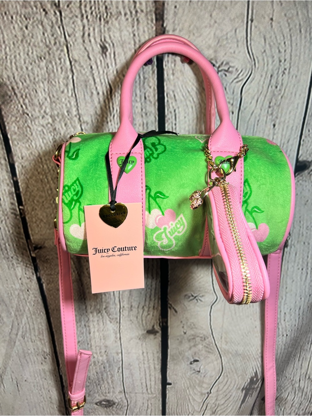 Juicy Couture Pink & Green Mini Barrel Bag with Gold Accents